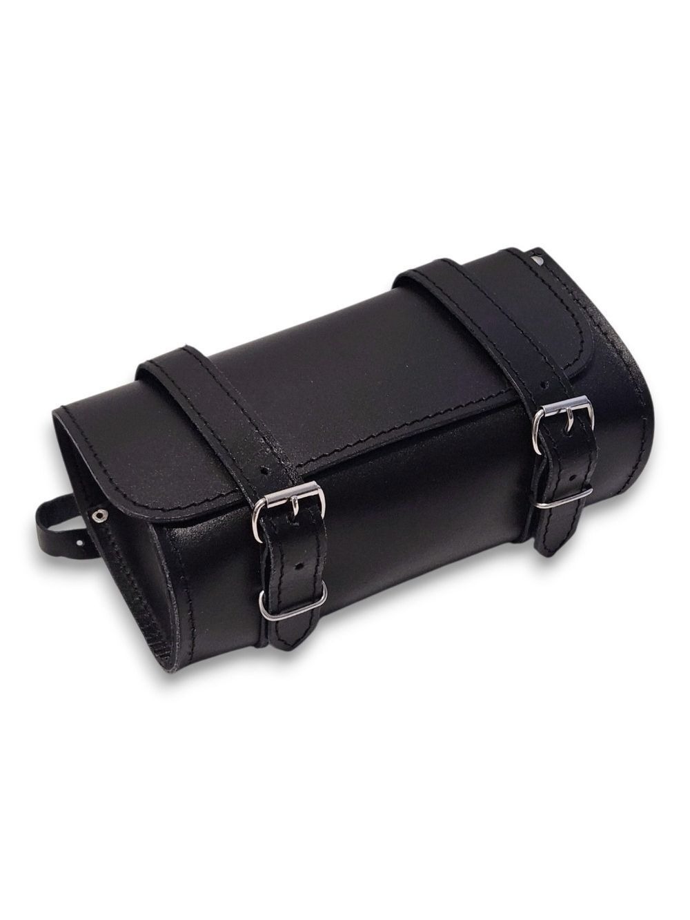 Motorcycle Leather Tool Bag Black Cowhide Roll Bag Silver Tone Hardware Chopper